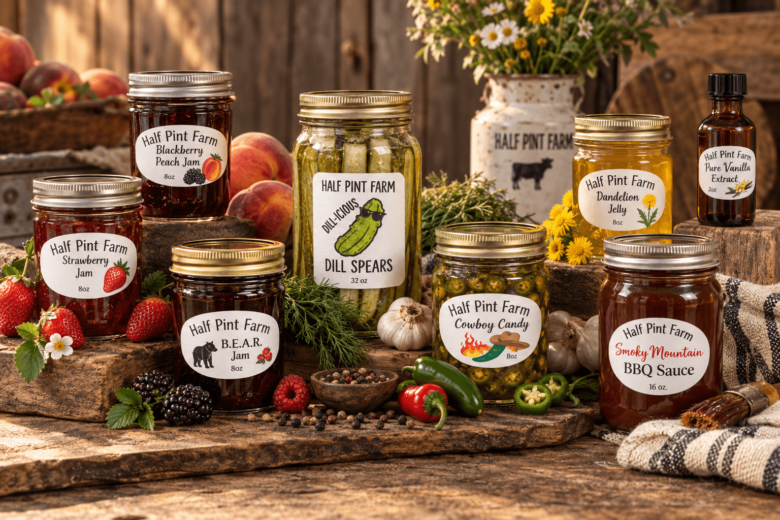 Half Pint Farm artisan products including jams, jellies, pickles, and sauces