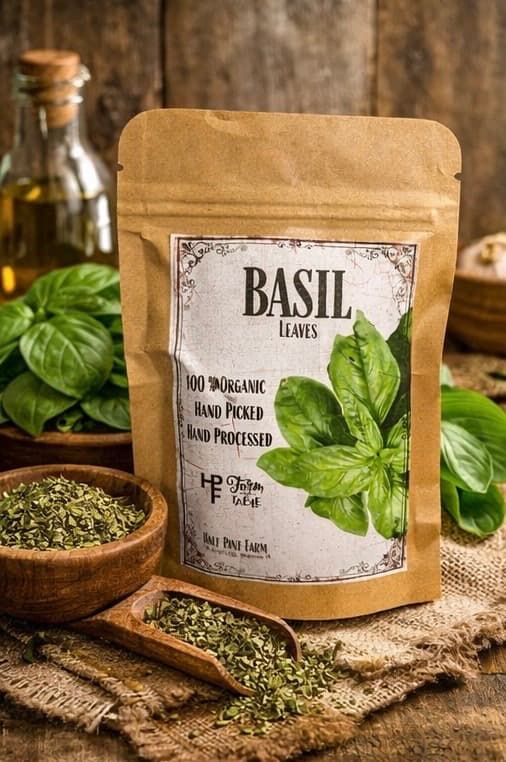 Organic Basil Leaves - Hand-picked and hand-processed dried basil leaves from Half Pint Farm