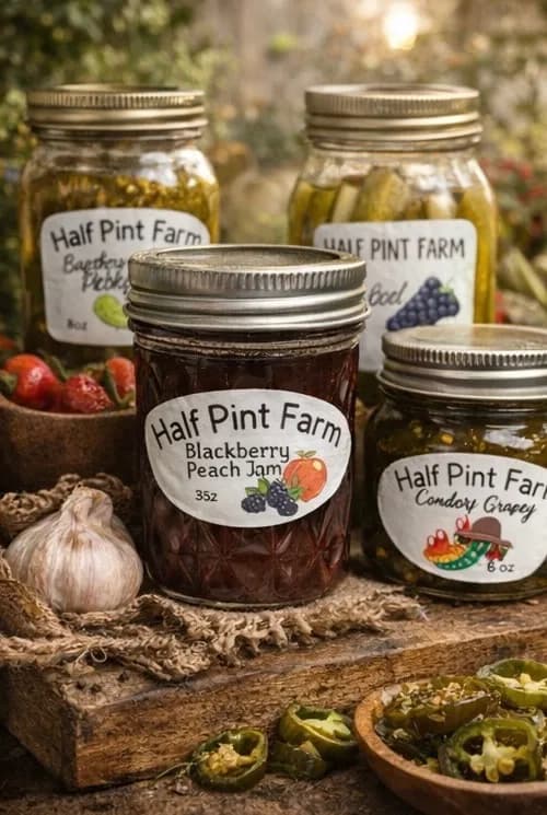 Half Pint Farm artisan products including jams, jellies, pickles, and sauces